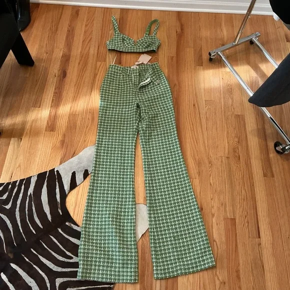 Elegant Green Tweed Checkered Women's Flare Pants and Matching Top - Picture 4 of 4